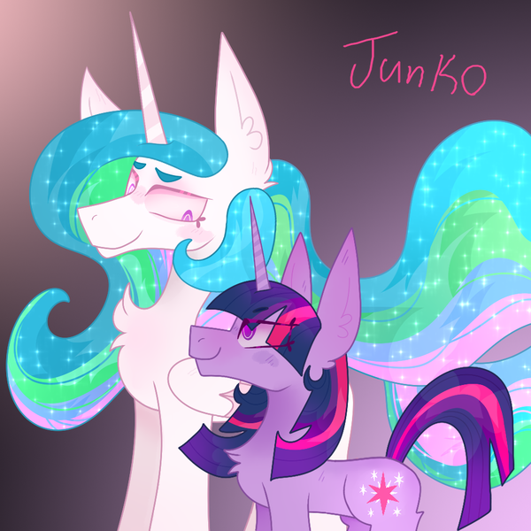 Size: 1000x1000 | Tagged: safe, artist:junko, derpibooru import, princess celestia, twilight sparkle, alicorn, pony, unicorn, beanbrows, big ears, chest fluff, digital art, ear fluff, ethereal mane, eyebrows, eyelashes, female, flowing mane, folded wings, half body, looking down, looking up, mentor and protege, momlestia, paint tool sai, profile, side view, smiling, sparkles, sparkly mane, unicorn twilight, wings