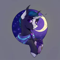 Size: 1080x1080 | Tagged: safe, artist:ash_helz, derpibooru import, oc, unofficial characters only, pony, unicorn, bust, cloak, clothes, colored hooves, crescent moon, horn, moon, night, solo, stars, unicorn oc