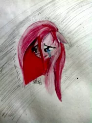 Size: 810x1080 | Tagged: safe, artist:kiwwsplash, derpibooru import, pinkie pie, earth pony, pony, bust, crying, female, floppy ears, mare, pinkamena diane pie, sad, signature, solo, traditional art