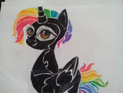 Size: 1280x960 | Tagged: safe, artist:kiwwsplash, derpibooru import, oc, unofficial characters only, alicorn, pony, alicorn oc, eye, eyelashes, eyes, horn, latex, latex suit, multicolored hair, rainbow hair, solo, traditional art, wings