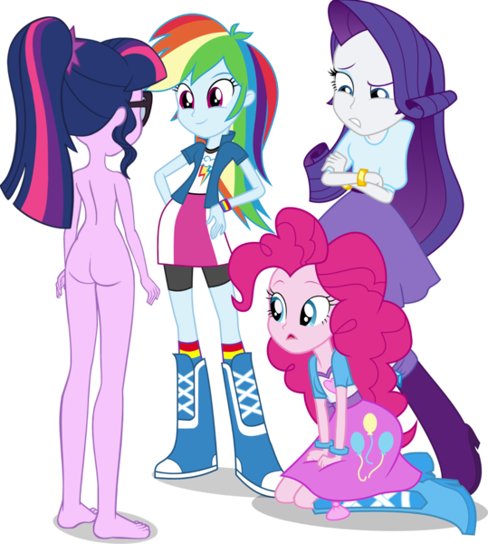 Size: 1604x1786 | Tagged: questionable, artist:aqua-pony, artist:invisibleink, artist:jdbener, artist:limedazzle, artist:mewtwo-ex, derpibooru import, edit, editor:slayerbvc, vector edit, pinkie pie, rainbow dash, rarity, sci-twi, twilight sparkle, equestria girls, barefoot, bracelet, butt, clothed female nude female, complete nudity, crossed arms, eyes on the prize, eyeshadow, feet, female, females only, glasses, hand on hip, jewelry, kneeling, makeup, nudity, ponytail, simple background, transparent background, twibutt, ugh, vector