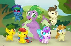 Size: 1280x829 | Tagged: safe, artist:aleximusprime, derpibooru import, pound cake, princess flurry heart, pumpkin cake, spike, oc, oc:annie smith, oc:apple chip, oc:storm streak, alicorn, dragon, earth pony, pegasus, unicorn, adult, adult spike, alternate mane six, chibi, chubby, chubby spike, cute, diabetes, fat, fat spike, group, looking at you, next generation, offspring, older, older pound cake, older pumpkin cake, older spike, one eye closed, parent:applejack, parent:rainbow dash, parent:tex, parent:thunderlane, parents:texjack, parents:thunderdash, plump, pudgy, so cute it kills you, wink