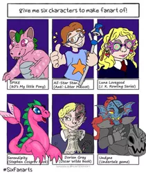 Size: 1080x1281 | Tagged: all-star stan, armor, artist:sharkledog, clothes, crossover, derpibooru import, dorian gray, dragon, duality, eyepatch, female, harry potter, human, luna lovegood, male, necktie, safe, scepter, serendipity the pink dragon, six fanarts, spike (g1), starry eyes, sunburst, thumbs up, undertale, undyne, wingding eyes