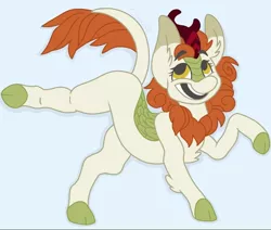 Size: 944x800 | Tagged: artist:c_owokie, autumn blaze, cloven hooves, derpibooru import, female, horn, kirin, leonine tail, looking up, open mouth, safe, smiling, solo