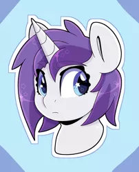 Size: 3235x4000 | Tagged: safe, alternate version, artist:partylikeanartist, derpibooru import, oc, oc:indigo wire, pony, unicorn, alternate design, alternate hairstyle, bust, eyebrows, eyebrows visible through hair, high res, looking away, portrait, simple background, solo, sticker, wingding eyes