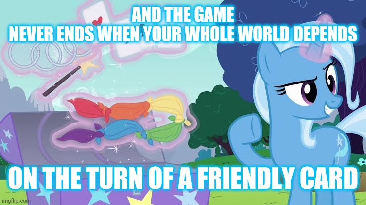 Size: 739x415 | Tagged: caption, derpibooru import, edit, edited screencap, image macro, safe, screencap, song reference, text, the alan parsons project, the turn of a friendly card, to where and back again, trixie