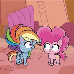 Size: 720x720 | Tagged: safe, derpibooru import, screencap, pinkie pie, rainbow dash, earth pony, pegasus, pony, my little pony: pony life, the fluttershy effect, spoiler:pony life s01e10, animated, calarts, cropped, female, gif, mare