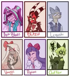 Size: 1080x1191 | Tagged: safe, artist:rendazzle, derpibooru import, aria blaze, anthro, cat, human, wolf, six fanarts, equestria girls, adrien agreste, annoyed, beast wars, blitzo, bust, clothes, costume, crossover, female, hazbin hotel, helluva boss, horns, jewelry, legosi (beastars), magic, male, mask, middle finger, miraculous ladybug, necklace, necktie, one eye closed, peace sign, pipimi, pop team epic, school uniform, skirt, smiling, telekinesis, vaggie, vulgar, wink