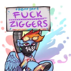 Size: 3000x3000 | Tagged: safe, artist:krd, edit, editor:edits of hate, unauthorized edit, rainbow dash, pegasus, pony, 1488, boots, clothes, collar, ear piercing, earring, female, fishnets, fuck ziggers, jewelry, mare, mask, mouthpiece, nazi, piercing, politics, pride, shoes, sign, simple background, solo, swastika, white background
