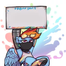 Size: 3000x3000 | Tagged: safe, artist:krd, edit, editor:edits of hate, unauthorized edit, rainbow dash, pegasus, pony, boots, clothes, collar, ear piercing, earring, exploitable meme, female, fishnets, jewelry, mare, mask, meme, mouthpiece, piercing, politics, pride, shoes, sign, simple background, solo, white background