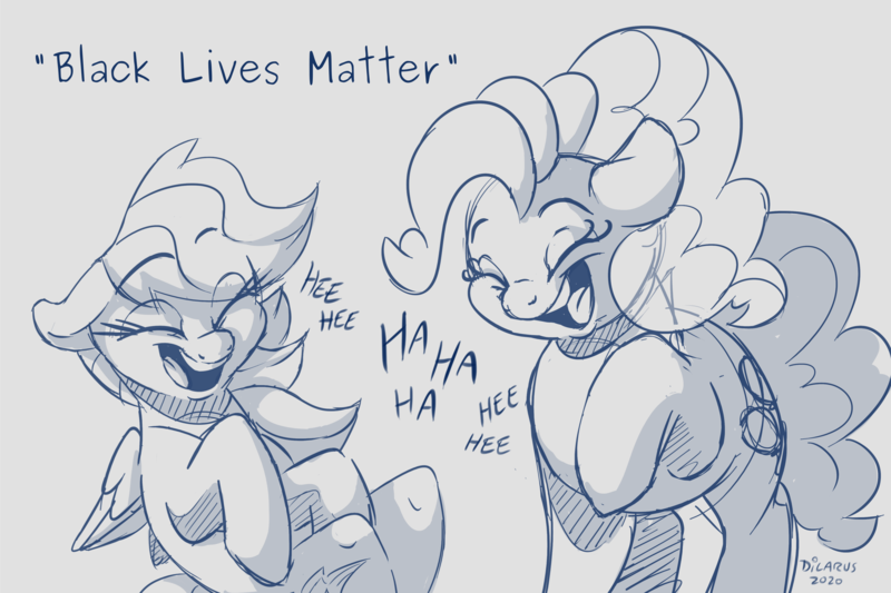 Size: 3051x2033 | Tagged: safe, artist:dilarus, edit, editor:edits of hate, unauthorized edit, pinkie pie, rainbow dash, pony, black lives matter, female, laughing, mare, mocking, monochrome, mouthpiece, politics, raised hoof, simple background, white background