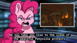 Size: 1520x855 | Tagged: safe, artist:dilarus, artist:t72b, edit, editor:edits of hate, unauthorized edit, pinkie pie, pony, zebra, angry, female, looking at you, mare, news, news report, quadrupedal, riot, satire
