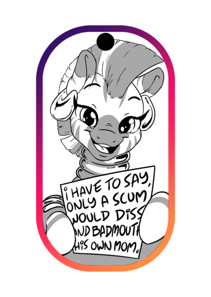 Size: 1024x1441 | Tagged: artist:dilarus, design, dog tags, ear piercing, earring, edit, editor:edits of hate, insult, jewelry, looking at you, piercing, quadrupedal, safe, sign, simple background, transparent background, unauthorized edit, zecora