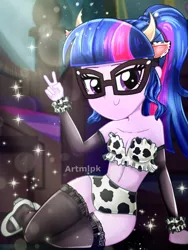 Size: 1800x2400 | Tagged: safe, artist:artmlpk, sci-twi, twilight sparkle, cow, equestria girls, adorable face, adorasexy, adorkable, animal costume, bare chest, bare shoulders, beautiful, beautisexy, clothes, costume, cow costume, cow ears, cute, digital art, dork, lidded eyes, looking at you, nerd, outfit, peace sign, ponytail, scrunchie, sexy, shoes, sitting, smiling, smiling at you, socks, solo, stockings, thigh highs, thighs, twiabetes, watermark