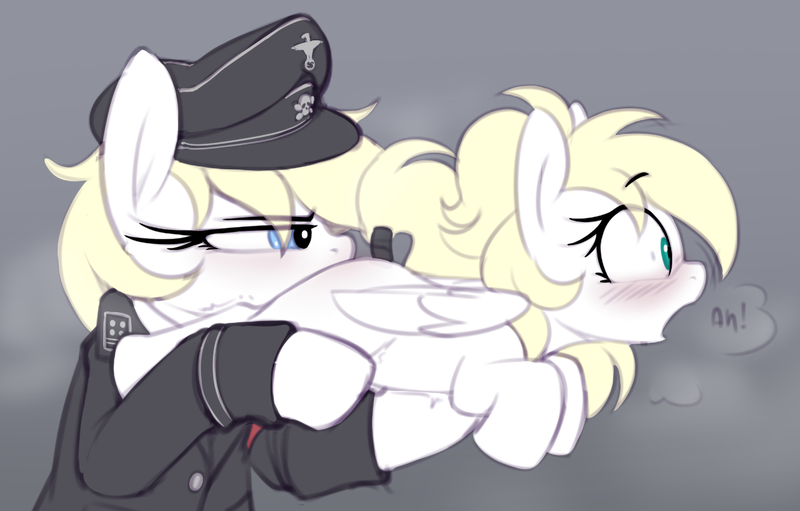 Size: 1301x831 | Tagged: source needed, questionable, artist:shinodage, oc, oc:aryanne, oc:luftkrieg, unofficial characters only, pony, behaving like a weapon, blushing, female, foalcon, mare, nazi