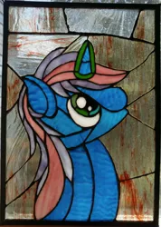 Size: 2882x4059 | Tagged: safe, artist:tjglass, deleted from derpibooru, derpibooru import, oc, oc:gyro tech, unofficial characters only, pony, unicorn, bust, irl, looking up, photo, photo craft, photo irl, photo stained glass (irl), photo traditional art, portrait, smiling, solo, stained glass, stained glass (irl)