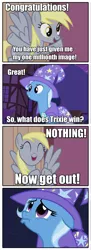 Size: 841x2298 | Tagged: safe, derpibooru import, screencap, derpy hooves, trixie, pegasus, pony, derpibooru, magic duel, slice of life (episode), 4koma, caption, clams, comic, dialogue, eyes closed, female, floppy ears, grin, image macro, mare, meme, meta, milestone celebration, open mouth, pouting, sad, smiling, spongebob squarepants, text