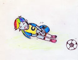 Size: 1529x1179 | Tagged: artist needed, safe, artist:foxy1219, derpibooru import, rainbow dash, equestria girls, ><, eyes closed, football, image, injured, jpeg, solo, sports, traditional art