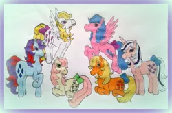 Size: 597x393 | Tagged: applejack (g1), artist:applejack-1982, derpibooru import, firefly, g1, g1 six, posey, safe, sparkler (g1), surprise, traditional art, twilight sparkle