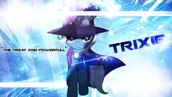 Size: 1920x1080 | Tagged: safe, artist:atndesign, derpibooru import, trixie, pony, unicorn, cape, clothes, female, hat, lens flare, looking at you, mare, raised hoof, solo, trixie's cape, trixie's hat, vector, wallpaper