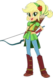 Size: 549x807 | Tagged: safe, derpibooru import, official, applejack, equestria girls, friendship games, alternate hairstyle, archery, arrow, arrows, boots, bow (weapon), bow and arrow, clothes, freckles, hand on hip, looking at you, open mouth, quiver, shoes, simple background, solo, transparent background, weapon