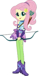 Size: 417x807 | Tagged: safe, derpibooru import, official, fluttershy, equestria girls, friendship games, alternate hairstyle, archery, arrow, arrows, boots, bow (weapon), bow and arrow, clothes, hands together, looking at you, open mouth, quiver, shoes, simple background, solo, transparent background, weapon