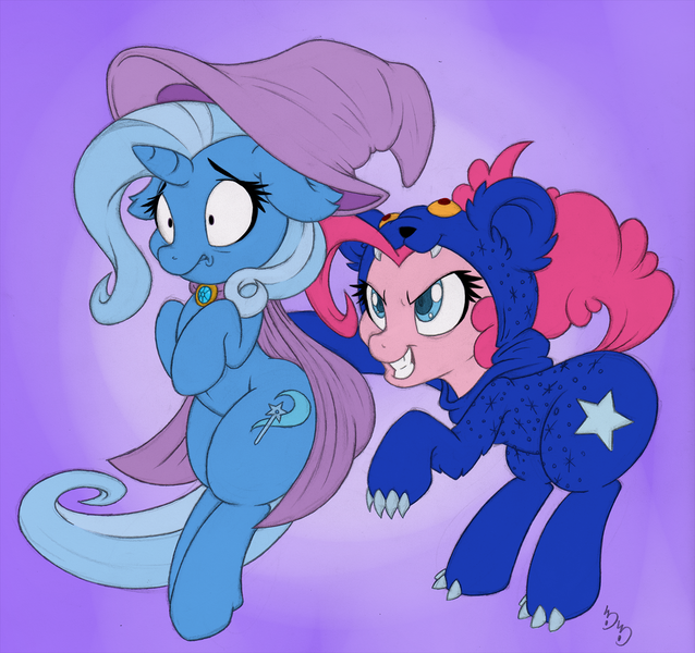 Size: 1500x1410 | Tagged: safe, artist:dfectivedvice, artist:dragonfoorm, derpibooru import, pinkie pie, trixie, bear, pony, unicorn, ursa, ursa minor, cape, clothes, costume, female, hat, mare, scared, trixie's cape, trixie's hat