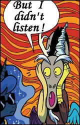 Size: 384x600 | Tagged: caption, crossing the memes, derpibooru import, discord, exploitable meme, i didn't listen, idw, image macro, meme, princess luna, safe, screamcord, text, the scream