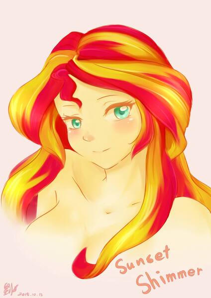 Size: 1448x2048 | Tagged: suggestive, artist:丁劉銀, derpibooru import, sunset shimmer, equestria girls, bust, chinese text, colored pupils, solo