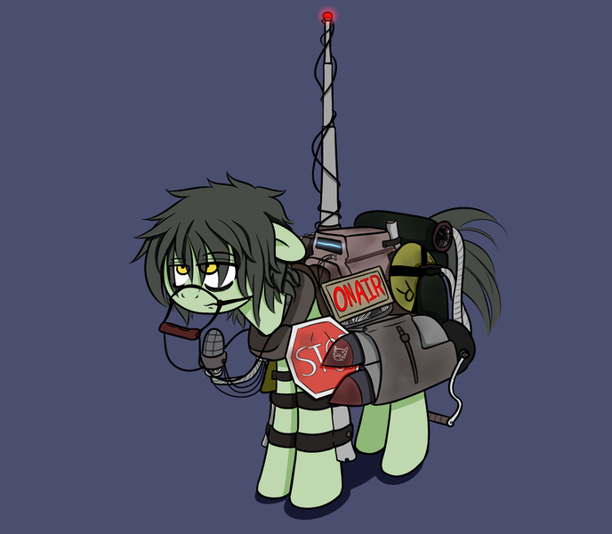 Size: 1490x1300 | Tagged: antenna, artist:fullmetalpikmin, derpibooru import, fallout equestria, fallout equestria: the things we've handed down, fanfic art, floppy ears, frown, lidded eyes, microphone, missile, oc, oc:muckraker, radio, radio tower, rocket launcher, safe, stop sign, tired, unamused, unofficial characters only