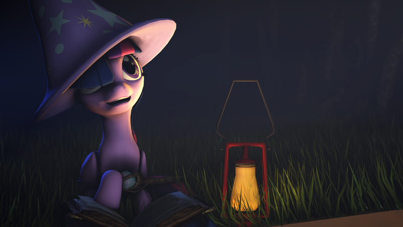 Size: 1920x1080 | Tagged: safe, artist:masterderp1, derpibooru import, twilight sparkle, twilight sparkle (alicorn), alicorn, pony, 3d, book, clothes, cute, hair over one eye, hat, solo, source filmmaker, staff, trixie's hat