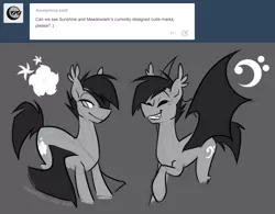 Size: 900x701 | Tagged: safe, artist:egophiliac, derpibooru import, oc, oc:frolicsome meadowlark, oc:sunshine smiles (egophiliac), unofficial characters only, bat pony, pony, moonstuck, bass clef, cutie mark, eyepatch, grayscale, monochrome, moonflower