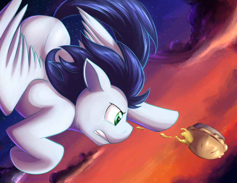 Size: 1780x1375 | Tagged: safe, artist:dripponi, artist:lattynskit, derpibooru import, soarin', pegasus, pony, 2015, cloud, cloudy, crying, cute, dramatic, falling, flying, food, gritted teeth, male, pie, soarinbetes, solo, stars, that pony sure does love pies