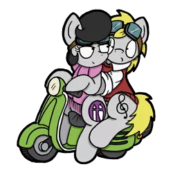 Size: 1116x1103 | Tagged: safe, artist:bobthedalek, derpibooru import, oc, oc:mixed melody, oc:octavia's father, oc:octavia's mother, oc:ostinato melody, unofficial characters only, earth pony, pony, clothes, duo, goggles, scarf, simple background, sweater vest, transparent background, vespa