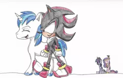 Size: 1024x649 | Tagged: safe, artist:cyrilsmith, derpibooru import, princess cadance, shining armor, twilight sparkle, alicorn, pony, crossover, shadow the hedgehog, sonic the hedgehog (series), traditional art