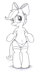 Size: 1900x3397 | Tagged: suggestive, artist:an-tonio, derpibooru import, scootaloo, pony, apple bloom's bow, belly button, bipedal, blushing, bow, clothes, female, foalcon, hair bow, monochrome, panties, ribbon, side knot underwear, socks, solo, solo female, traditional art, underwear