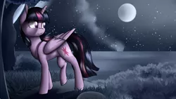 Size: 3200x1800 | Tagged: safe, artist:baldmoose, derpibooru import, twilight sparkle, twilight sparkle (alicorn), alicorn, pony, crying, female, immortality blues, mare, moon, night, solo