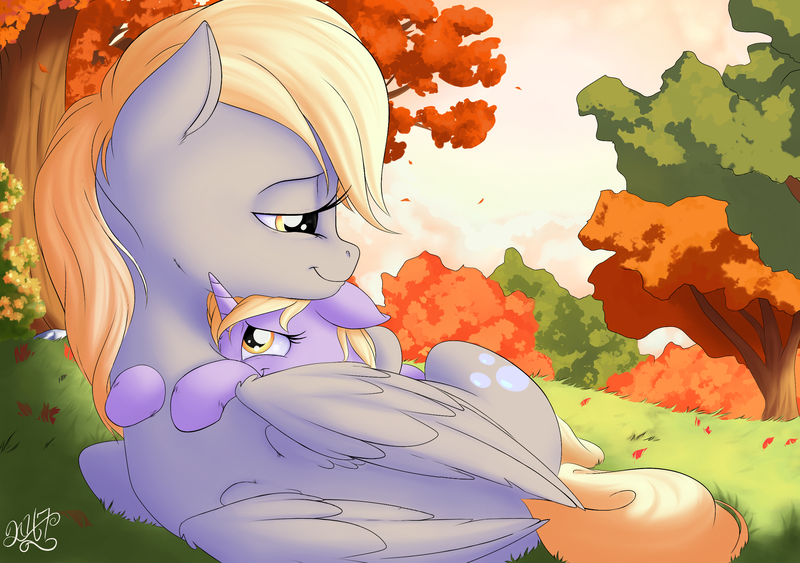 Size: 2700x1900 | Tagged: safe, artist:nobody47, derpibooru import, derpy hooves, dinky hooves, pegasus, pony, autumn, cute, daaaaaaaaaaaw, derpabetes, dinkabetes, equestria's best daughter, equestria's best mother, female, heartwarming, hnnng, hug, mare, sweet dreams fuel