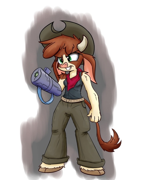Size: 1040x1300 | Tagged: amputee, anthro, arizona cow, artist:heir-of-rick, augmented, bandana, clothes, cloven hooves, community related, cow, derpibooru import, female, gun, gun arm, prosthetic limb, prosthetics, safe, solo, them's fightin' herds, unguligrade anthro, weapon