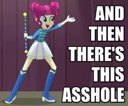 Size: 600x500 | Tagged: safe, derpibooru import, screencap, majorette, sweeten sour, equestria girls, friendship games, and then there's this asshole, background human, baton, boots, caption, clothes, gloves, image macro, meme, open mouth, reaction image, shoes, skirt, solo, text, vulgar