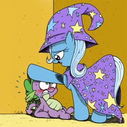 Size: 1250x1250 | Tagged: suggestive, artist:labba94, derpibooru import, spike, trixie, pony, unicorn, bedroom eyes, blushing, cape, clothes, commission, cornered, female, femdom, hat, heart eyes, i can't believe it's not idw, implied foalcon, male, mare, shipping, spixie, straight, sweat, tongue out, trixie's cape, trixie's hat, wingding eyes