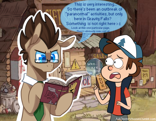 Size: 540x420 | Tagged: artist:buljong, ask, ask doctor whooves, crossover, derpibooru import, dipper pines, doctor whooves, glasses, gravity falls, human, journal #3, safe, time turner, tumblr