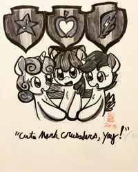 Size: 1024x1280 | Tagged: apple bloom, artist:leafbunny, crusaders of the lost mark, cutie mark, cutie mark crusaders, derpibooru import, safe, scootaloo, sweetie belle, the cmc's cutie marks, traditional art