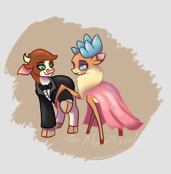 Size: 787x802 | Tagged: safe, artist:alorix, derpibooru import, arizona cow, velvet reindeer, cow, deer, reindeer, them's fightin' herds, clothes, cloven hooves, community related, dress, female, lesbian, shipping, tuxedo, velvezona, velvezona daily