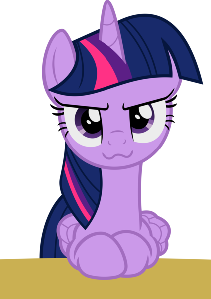Size: 3569x5053 | Tagged: safe, artist:timelordomega, derpibooru import, edit, twilight sparkle, twilight sparkle (alicorn), alicorn, pony, made in manehattan, :3, >:3, absurd resolution, cute, face edit, female, inverted mouth, looking at you, mare, simple background, solo, table, transparent background, twiabetes, vector