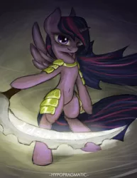 Size: 1024x1323 | Tagged: safe, artist:blvckmagic, derpibooru import, twilight sparkle, twilight sparkle (alicorn), alicorn, pony, armor, bipedal, female, mare, scythe, solo, spread wings, unconvincing armor, windswept mane, wings