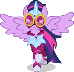 Size: 4608x4500 | Tagged: safe, artist:xebck, derpibooru import, masked matter-horn, twilight sparkle, twilight sparkle (alicorn), alicorn, pony, power ponies (episode), absurd resolution, clothes, female, goggles, mare, outfit, power ponies, raised hoof, simple background, solo, spread wings, superhero, transparent background, vector, wings
