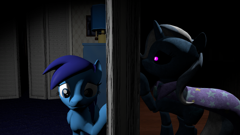 Size: 1920x1080 | Tagged: safe, artist:snowacassassin, derpibooru import, trixie, oc, oc:azura, pony, unicorn, animatronic, crossover, female, five nights at freddy's, mare, room, sad