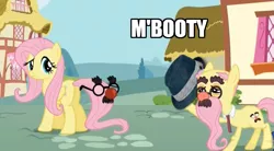 Size: 917x507 | Tagged: caption, derpibooru import, edit, edited screencap, fedora, fluttershy, groucho mark, groucho mask, hat, image macro, meme, m'lady, safe, screencap, text, the one where pinkie pie knows
