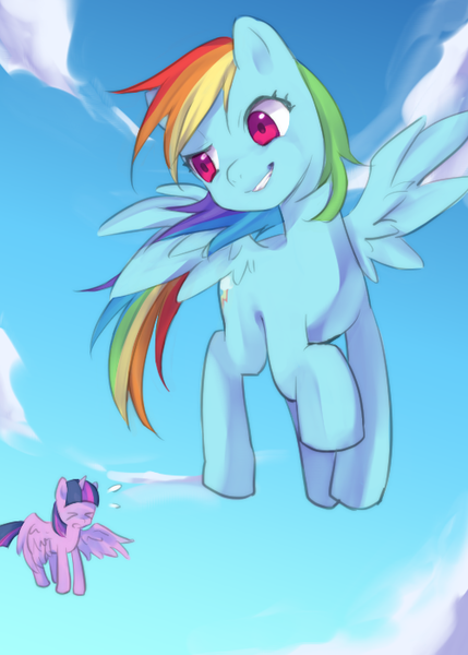 Size: 500x700 | Tagged: safe, artist:kona1025, derpibooru import, rainbow dash, twilight sparkle, twilight sparkle (alicorn), alicorn, pony, female, flying, mare, sky